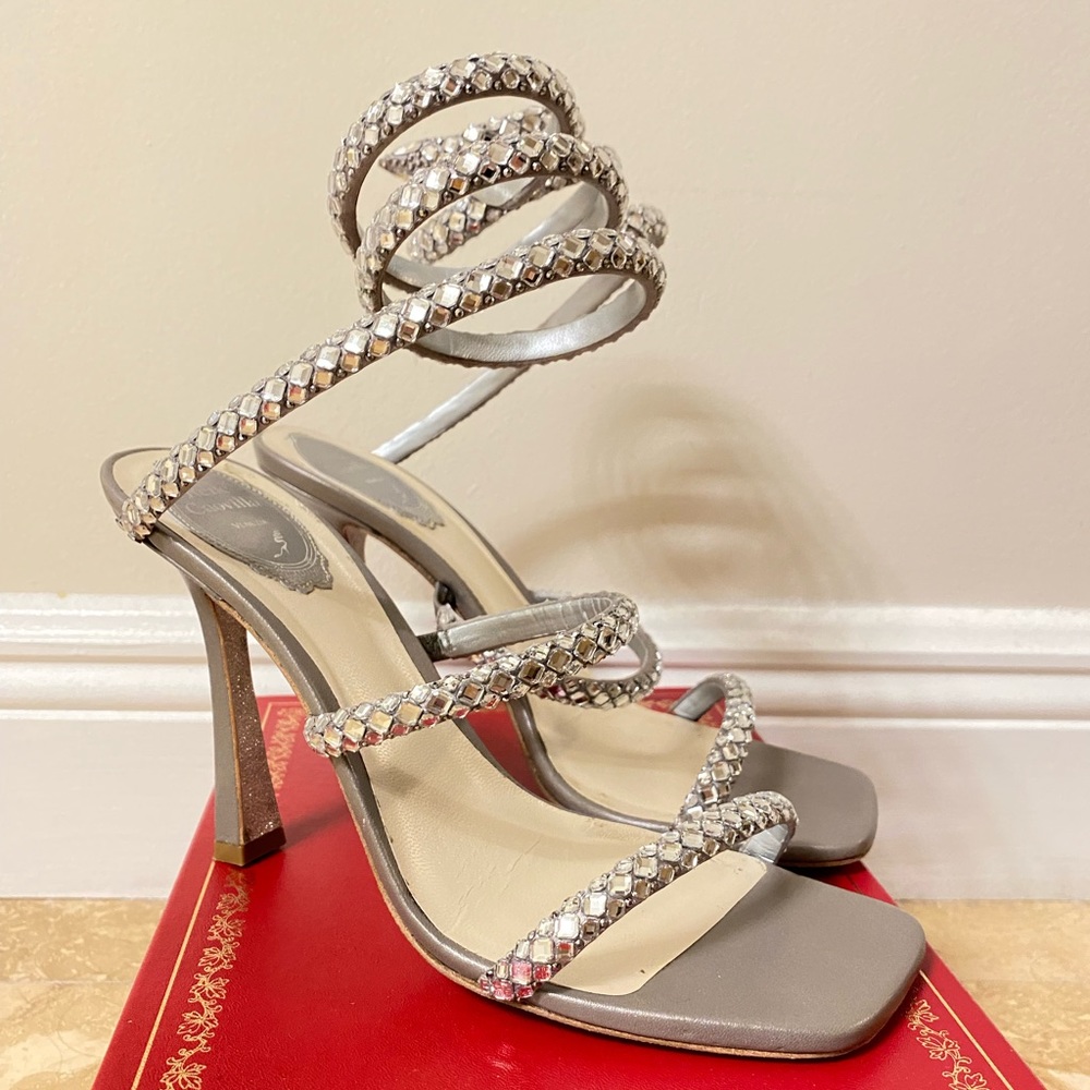 USED WITH BOX RENÉ CAOVILLA SILVER CRYSTAL CLEO SHOES SIZE 40